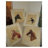 4 handpainted horse prints, riding crops, tapestry
