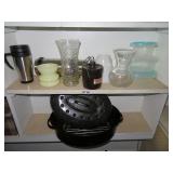 4 shelves of misc roaster vases carafe etc