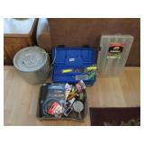 FISHING TACKLE, MINNOW BUCKET, REELS ETC