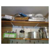 2 SHELVES-STOCK POTS,ALUM PANS, CANNING JARS