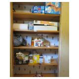 4 SHELVES - ZIPLOCS,PLASTIC WARE, LIGHT BULBS,GLUE