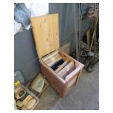 SMALL WOODEN BOX OF STAINED GLASS