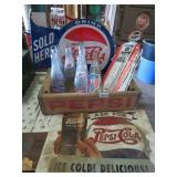 PEPSI CRATE, BOTTLES, SIGN, GAS PUMP THERMOMETER