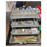 TOOL BOX FILLED WITH SMALL BRASS ITEMS
