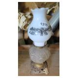 GLASS AND BRASS OIL LAMP W/ CURRIER&IVES