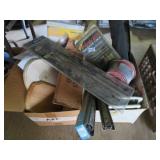 2 BOXES MISC WOOD PLAQUES AND AUTOMOTIVE PARTS