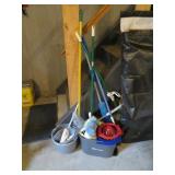 PILE OF CLEANING SUPPLIES-MOPS,BUCKETS,ETC