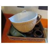 BATTER BOWL W/HANDLE, 6 BROWN POTS, ETC