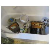 CONTENTS OF BATHTUB - MIRROR,JARS,CANS,IRON ETC