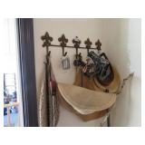 WALL COAT RACK, HATS, UMBRELLA, ITEMS IN CORNER