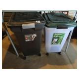 2 PLASTIC PET FOOD STORAGE BINS ON WHEELS