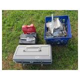 PLASTIC TOOL BOX, COMEALONG, BATTERY ETC