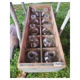 WOODEN CRATE,10 GREEN CHEMUNG SPRING WATER BOTTLES