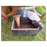 WOODEN BOX,BRASS HORN, TRAY, CAR ETC