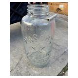 GLASS MASON JAR w/HANDLE 19' lg chip on top