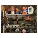 7 SHELVES MISC tools, oils, eletrical, lights, can
