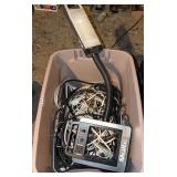 Tote of misc house electric cords and light