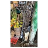 Artificial flowers, nail keg, basket, stick