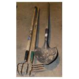 Two potato rakes and a round point shovel