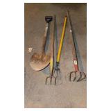 Three potato rakes one round point shovel