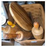 Basket, wooden  rolling pins,  cutting board etc