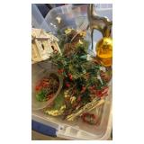 Small Christmas trees, metal reindeer glass