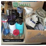 3 boxes travel cups bottles, plasticware, cups,
