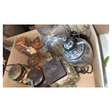 Box of glass storage jars, and hanging lights