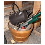 2 baskets, gardening tools