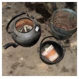 Two cast-iron pots, cast-iron tea kettle