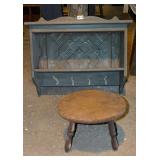 Wooden shelf with tin back and small wooden stool