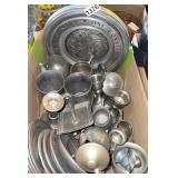 Pewter and other metal cups plates, serving