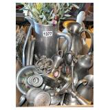 Pewter and other metal cups plates, serving