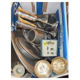 Pewter and other metal cups plates, serving
