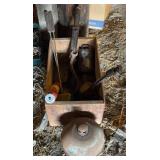 Vintage box, nail puller, cow bell, wrenches,