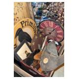 Box of ï¿½primitiveï¿½ and other wooden decor items