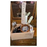 Box lot signs binoculars CD player, etc.