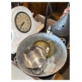 Box of mixed metal decor, items, wooden clock