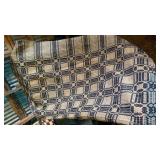 Blue and beige oval tablecloth