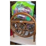 Rattan or bamboo wine, rack, and plastic cups