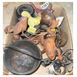 Cast iron, knickknacks birds, pots, bike,