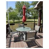 patio table, 4 chairs, umbrella, bas