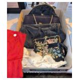 Vintage purses, gloves, doily