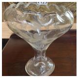 VINTAGE CLEAR GLASS ETCHED FLORAL PEDESTAL COMPOTE