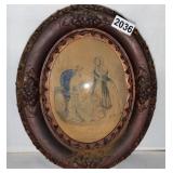 VICTORIAN FASHION PRINT OVAL WOOD CARVED FRAME