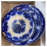 3 FLOW BLUE DECORATIVE PLATES - WITH DAMAGE