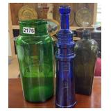 3 EARLY GREEN & BLUE GLASS BOTTLES