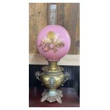 EARLY BRASS BANQUET LAMP W/LION HEADS PAT. 1895