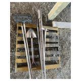 Group lot of tools including pitch fork, shovels