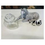 Group lot: horse & dog figurines & glass jar w/